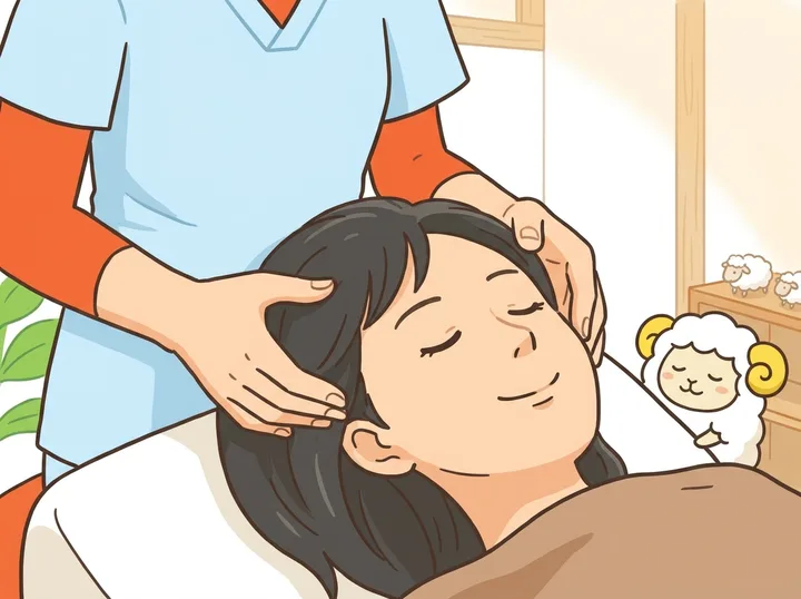先輩が手を添えて施術を教えているイラスト