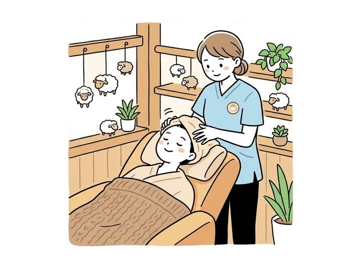 リクライニングチェアでドライヘッドスパを受けるお客様のイラスト